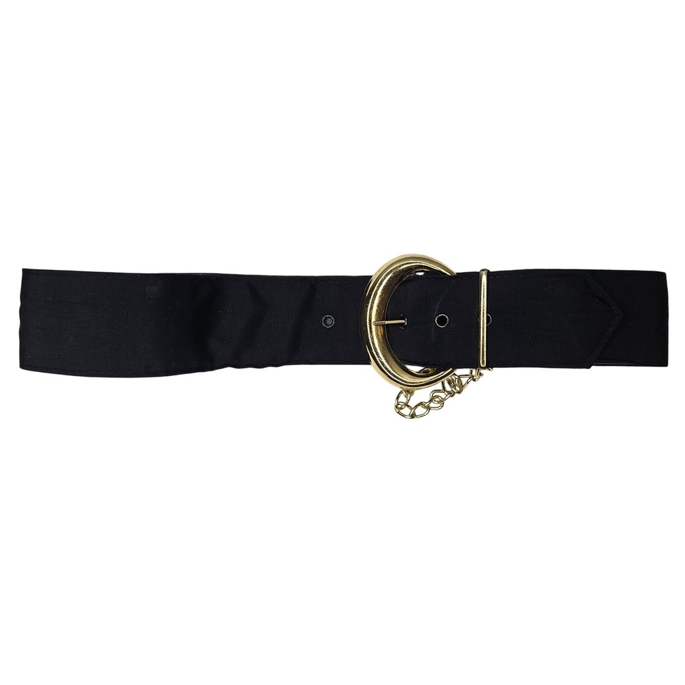 Vtg‎ Black Cloth Wide Cinch Belt Gold Crescent Buckle Chain Detail Retro 30"